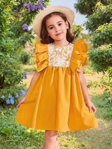 SHEIN Woven Solid Color Lace Ruffle Hem Bodycon Dress For Young Girls - Yellow - View 2