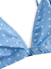 Swim Mod Bộ đồ bơi bikini chấm bi mini viền bèo nhún dễ thương cho nữ, dành cho kỳ nghỉ hè ở bãi biển - Màu xanh lam - Xem 3