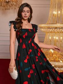 SHEIN VCAY Plus Size Vacation Printed Front Split Lapel Ruffled Long Dress.Valentine,Casual Picnic Party.Heart - Black - View 3