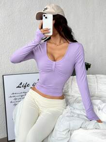 SHEIN Sport Studio Women V-Neck Long Sleeve Solid Color Slim Fit Casual Sport T-Shirt