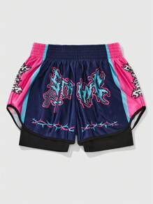 ROMWE MEN Prep Men's Solid Color Elastic Waist Simple Casual Satin Shorts With 2 In 1 Design - Multicolor - View 3