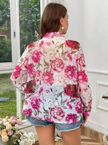 Flirla Plus Size French Elegant Semi-Transparent Floral Print Long Sleeve Chiffon Blouse, Spring/Summer - Multicolor - View 2