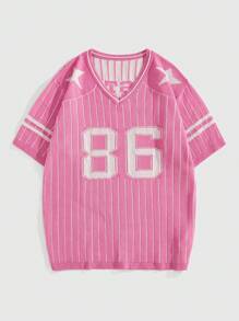 ROMWE MEN Prep 男士复古圆领运动数字印花短袖针织上衣 - 粉色 - 查看 1