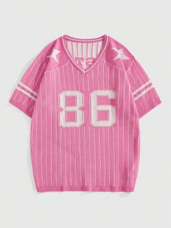 Prep Men's Jersey Retro Round Neck Sports Digit Print Short Sleeve Knit Top