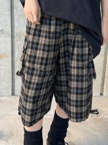 FRIFUL Pantalones cortos casuales para mujer con bolsillo a cuadros y diseño minimalista para uso diario - Multicolor - Ver 7