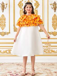 SHEIN Tween Girls Loose Casual Luxurious Multi-Layer Ruffle Floral Pattern Short Top And Dress 2 Pieces Set - Yellow - View 5