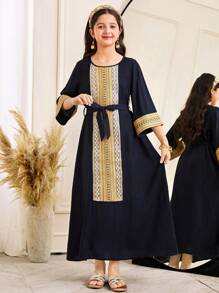 SHEIN Tween Girls' Loose Pattern Drawstring Decor 3/4 Sleeve Casual A-Line Dress