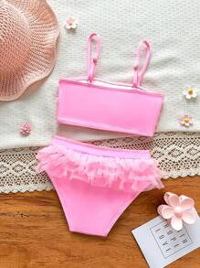 SHEIN Young Girl Solid Color Bow Decor Mesh Patchwork Ruffle Trim Adorable Swimwear Set - Baby Pink - View 7