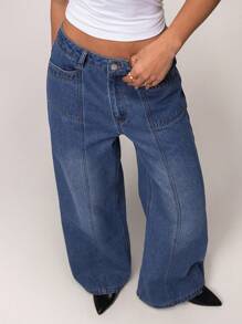 Forever 21 女式简约前口袋宽松休闲牛仔裤 - 藍色 - 查看 7