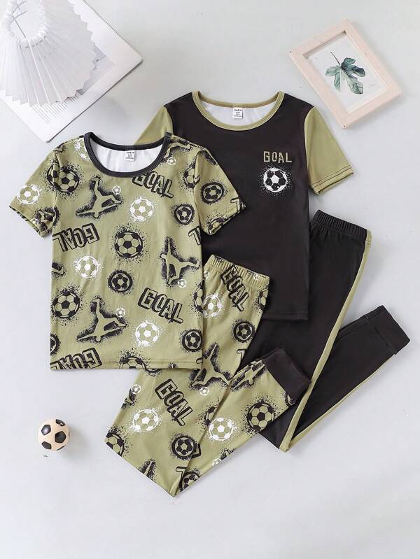 4 stuks/set peuterjongens minimalistische voetbalprint nauwsluitende pyjamaset met korte mouwen