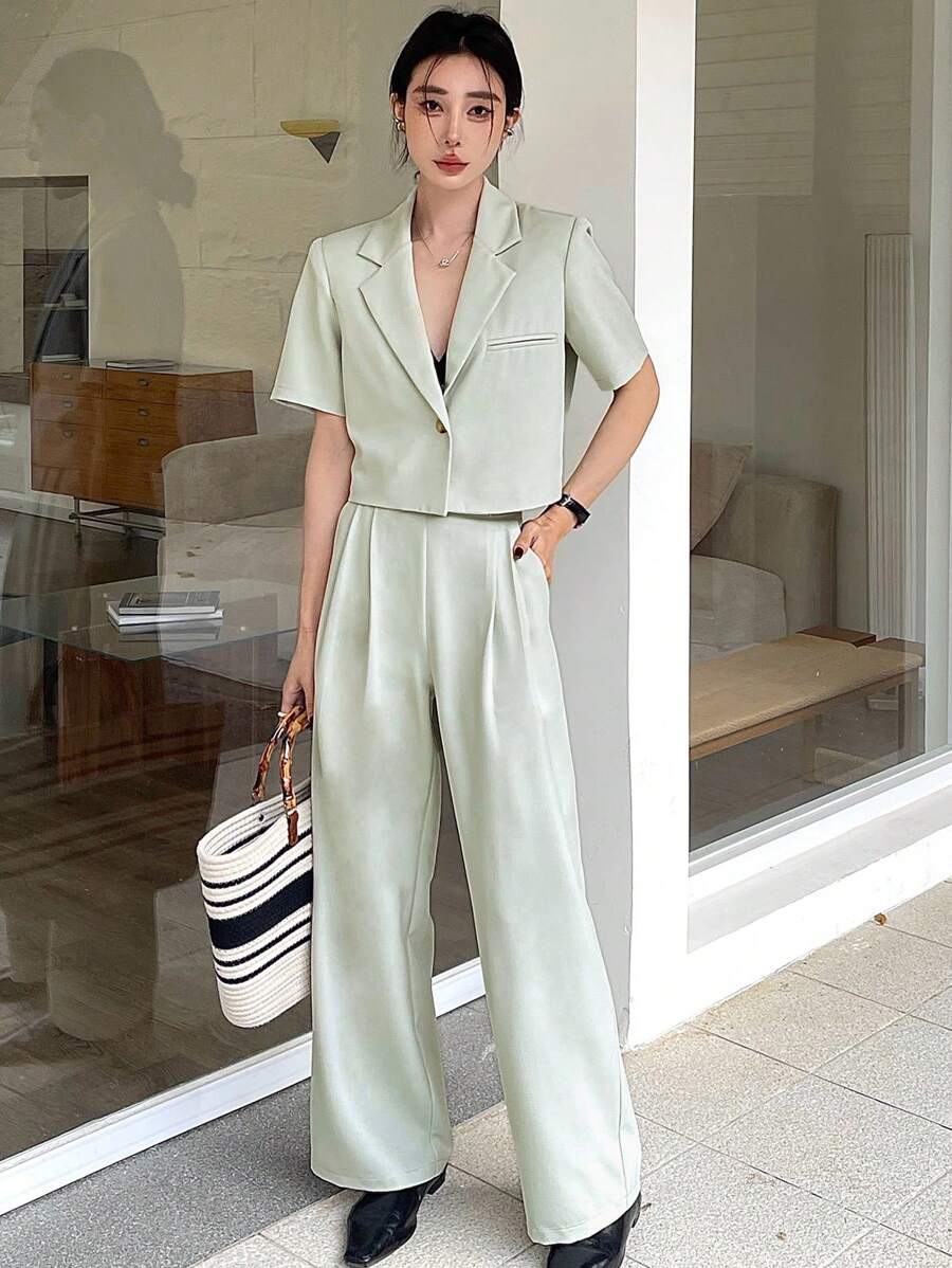 DAZY Bộ quần áo công sở nữ màu trơn, dáng rộng, ống đứng và vest. - Màu xanh Bạc hà - Xem 1