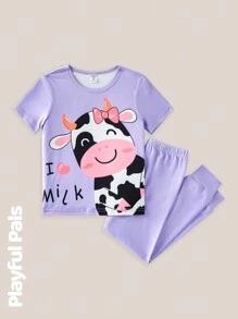 SHEIN Young Girl Round Neck Short Sleeve Graphic Print Simple Top And Leggings Casual Homewear Set - Multicolor - View 10