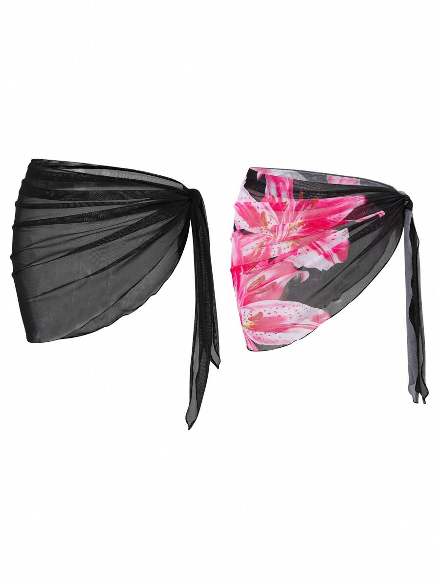 Swim Oasis 2pcs Spring Break Placement Print Mesh Beach Cover Up Dress Set For Summer Beach Vacation