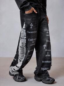 ROMWE MEN Street Life Jeans anchos con estampado de letras desgastados con bolsillo para hombre - Negro - Ver 6