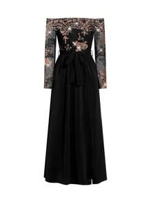 Ellevyn Sequin Off Shoulder Cinched Waist Slit Dress For Women,Valentines Clothes - Black - View 4
