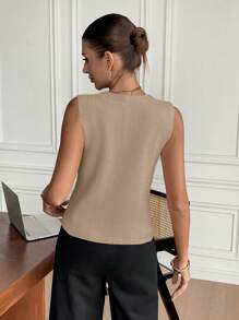SHEIN Frenchy Women's Solid Color Single-Breasted Casual Sweater Vest, Autumn/Winter Brown - Khaki - View 2