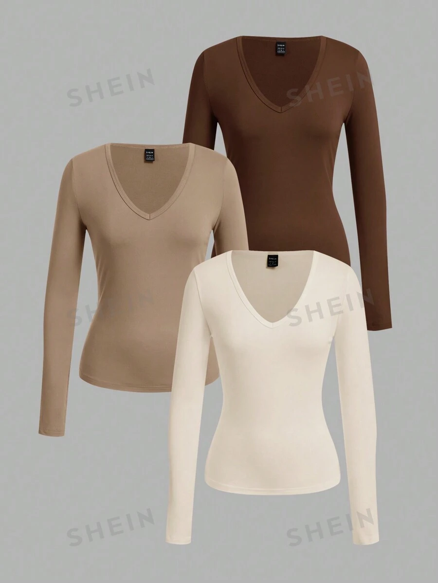 SHEIN EZwear 3 Stücke Damen Tiefer V-Ausschnitt Slim Fit Lässig Langarm T-Shirt Set, geeignet für Frühling und Herbst - Verschiedenfarbig - Übersicht 1