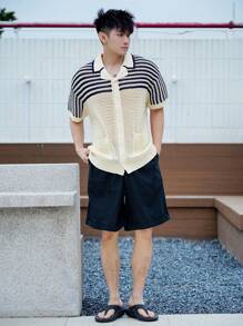 DAZY Asymmetrical Striped Hollow Out Lightweight Cardigan Sweater For Men, Summer - Apricot - View 6