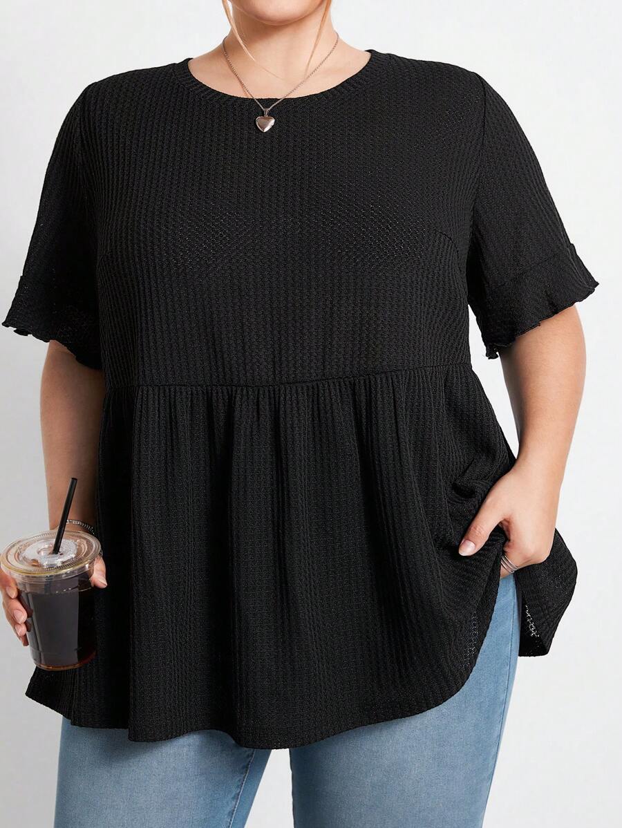 SHEIN CURVE+ 大码女式休闲华夫格针织荷叶边袖黑色 T 恤 - 黑色 - 查看 1