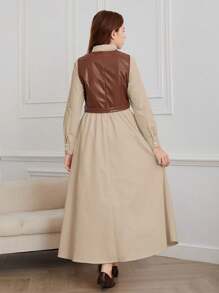 2 件套复古风格休闲装，适合少女 - 棕色领带领无袖夹克背心和长袖收腰连衣裙 - 彩色 - 查看 2