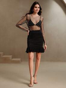 Anewsta Sheer Mesh Women's Long Sleeve Top For Spring/Summer, Beach Vacation, Valentine's Day - Black - View 4