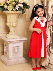 SHEIN Vestido informal suelto con cuello en V y parches de pliegues con decoración de lazo, que resalta la vitalidad juvenil, la inocencia adorable, el estilo personalizado y el entusiasmo dulce, perfecto para uso diario y fiestas, prenda esencial de primavera/verano y regalo de ropa para niñas jóvenes