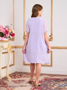 2 Pieces Set For Tween Girls: Purple Foil Dress With Gold-Trim Mesh Overlay, Spring/Summer - Purple - View 5