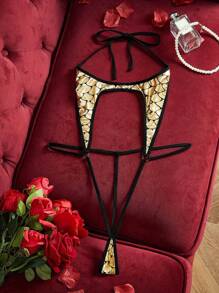 Plus Size Metallic Shiny Fish Scale Print Sexy Lace-Up Lingerie Set - Gold - View 6