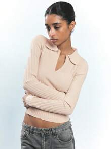 Maija Women's Apricot Knit Collared Zip-Up Top, Versatile Spring Leisure/Business Casual Design, Soft & Comfortable, Pullover Long Sleeve Sweater Old Money - Apricot - View 1