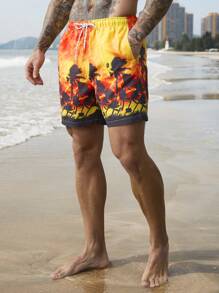 Surfspeed Men's Casual Plant Print Front Tie Beach Shorts, Vacation Style Man Swim Trunks