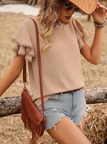 SHEIN LUNE Camisa casual de mujer de unicolor con cuello redondo, volantes y manga corta - Café integral - Ver 3