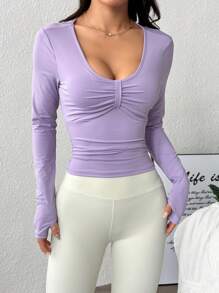 SHEIN Sport Studio Women V-Neck Long Sleeve Solid Color Slim Fit Casual Sport T-Shirt
