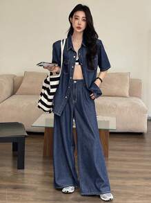DAZY Women's Western Style Outfit: Contrast Stitch Short Sleeve Loose Blouse & Wide Leg Denim Pants Set,Back To School Clothes - Dark Wash - View 6