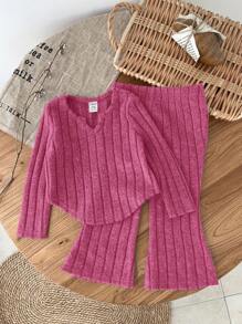 SHEIN LMoss Kids LMoss Baby Girl 2pcs/Set Baby Girl Ribbed Knit Asymmetric Hem Long Sleeve Top And Flared Leg Pants Set, Suitable For Outing, Street Photography, And Sportswear, Autumn/Winter - Hot Pink - View 3