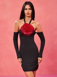 AROSE Designer Black Solid Halter Straps Red 3D Flower Long Sleeves Sexy Mini Dress, Spring & Summer, Festival For Women, Concert Elegant Vacation Business Casual Western Wear, Concert Outfit, Rave Outfits Wedding Festival, Prom Dress - Black - View 5