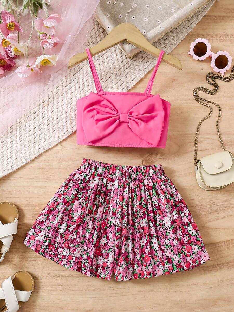 SHEIN Young Girl Solid Color Spaghetti Strap Bowknot Decor Minimalist Top And Skirt 2pcs Set - Pink - View 1