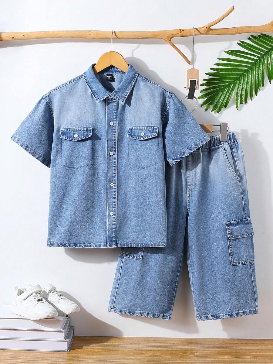 Tween Boys 2 Pieces Denim Set: Washed Light Blue Loose Fit Pocket Decor Short Sleeve Top Paired With Loose Straight Leg Denim Shorts, Fashionable Street Style Denim Outfit - Medium Wash - View 1