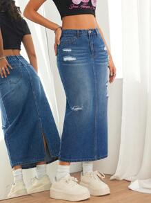 SHEIN PETITE Women Denim Skirt Casual Fitted Stretch Split Ripped Blue, Valentine's Day Denim Skirt, Y2k Denim Skirt - Medium Wash - View 4