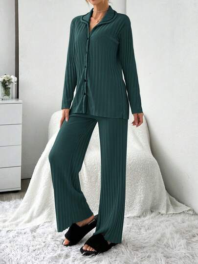 RueChic Long Sleeve Contrast Stitching Ribbed Pajama Set Cardigan view 3