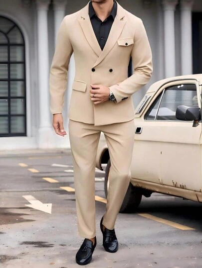 Manfinity Mode 大码男式两件套前扣开合长袖口袋衬衫和裤子套装