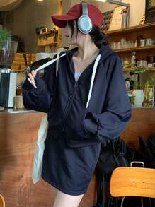 DAZY 女士休闲连帽长袖上衣和A字裙套装（2件套）家居服套装 - 藍色 - 查看 3