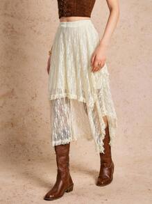 Poéselle 波西米亚风格杏色不对称下摆女裙，夏季度假裙，超长度假海滩裙，波西米亚风，西部风，纳什维尔音乐会服装 - 杏色 - 查看 6