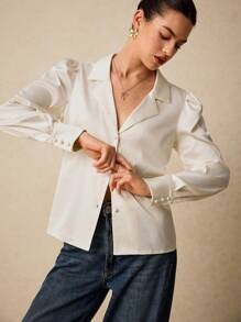 Poéselle White Shirt,Office Women Outfits,Button Up Women Shirt,Women's Solid Color Lapel Neck Puff Sleeve Single-Breasted Elegant Shirt,Simple Fashion, Old Money,Comfortable And Breathable Fabric, Suitable For Daily, Street, Commute, Holiday, Dating And Other Occasions To Wear