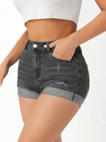 SHEIN PETITE Casual Denim Shorts, Minimalist & Fashionable For Daily Wear - Light Grey - View 3
