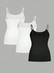SHEIN Essnce 女士加大码基础款吊带背心，3 件装优雅细肩带背心，黑白吊带衫 - 黑與白 - 查看 2