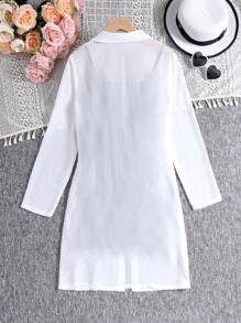 SHEIN Leap Crew 2 Pieces Set: Teen Girls' Solid Color Ruched Dress & Sheer Chiffon Blouse - Royal Blue - View 2