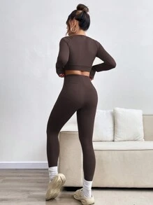 INAWLY 2pcs Women's Set: Crew Neck Long Sleeve Top And Long Pants, Minimalist Fall Cloth For Women - Rust Brown - View 2