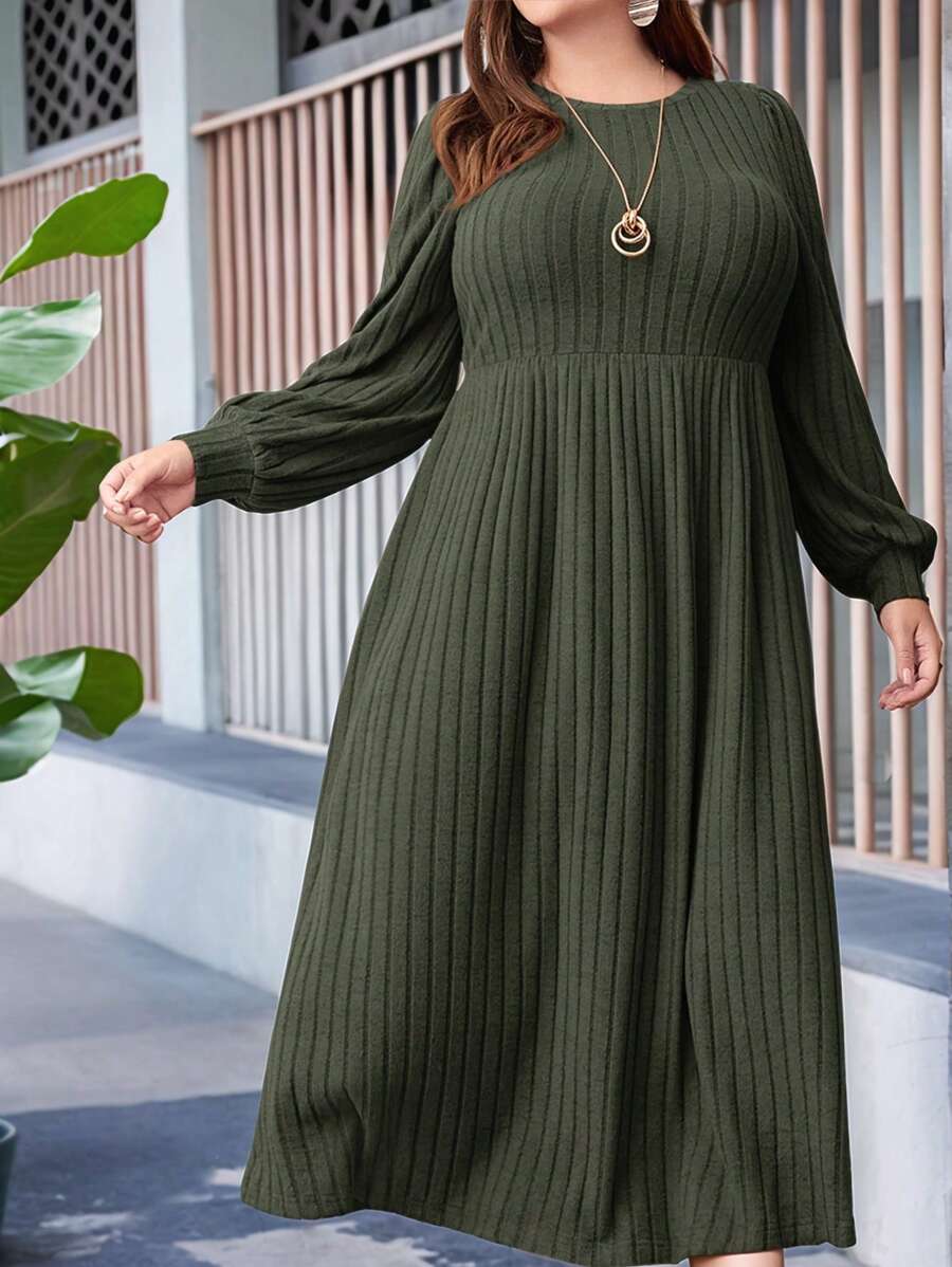 EMERY ROSE Plus Solid Lantern Green With Sleeves Sleeve Ribbed Knit Winter Dress - Army Green - View 1