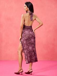 shy_girl Designer Printed Sheer Mesh Lace Up Cowl Halter Neck High Slit Ruffles Sexy Mini Dress, Spring, Festival, Prom Dress - Multicolor - View 2