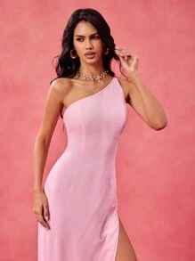 CARMEN Designer Pink Chiffon High Slit Asymmetrical Neck Backless Straps Sexy Party Maxi Sundress For Festival, Outfits For Women Spring Summer, Birthday Outfits, Pastel, Prom Dress - Pink - View 5